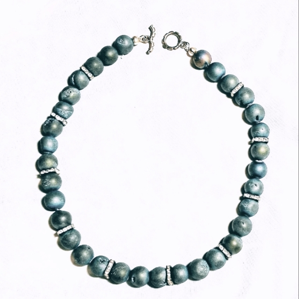 Hand Made 12mm Druzy Agate Bead Necklace Iridescent Blue with Rhinestones 18"